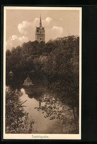 AK Rostock, Blick über die Teufelsgrube zum Kirchturm