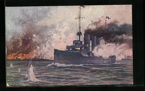 Künstler-AK Hans Rudolf Schulze: S.M.S. Kriegsschiff Augsburg Libau beschiessend