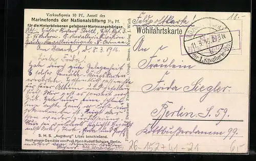 Künstler-AK Hans Rudolf Schulze: S.M.S. Kriegsschiff Augsburg Libau beschiessend