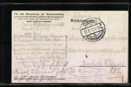 Künstler-AK Hans Rudolf Schulze: S.M.S. Kriegsschiff Augsburg Libau beschiessend