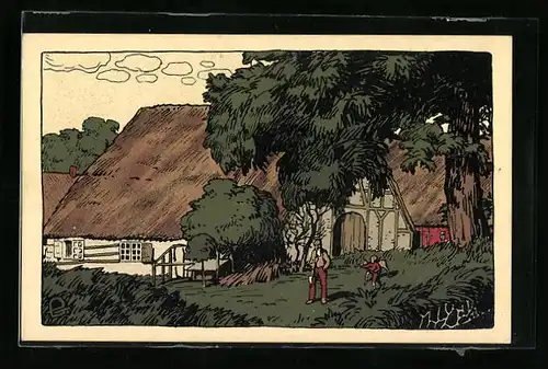 Steindruck-AK Bauernhäuser in Schleswig-Holstein