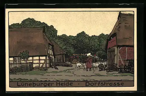 Steindruck-AK Dorfstrasse in der Lüneburger Heide