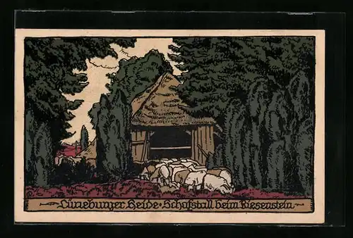 Steindruck-AK Schafstall beim Riesenstein in der Lüneburger Heide