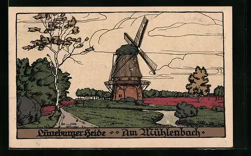 Steindruck-AK Windmühle am Mühlenbach in der Lüneburger Heide