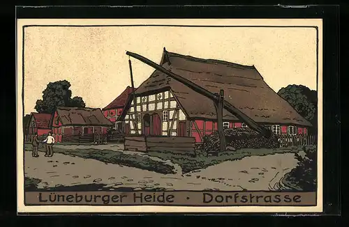 Steindruck-AK Dorfstrasse in der Lüneburger Heide