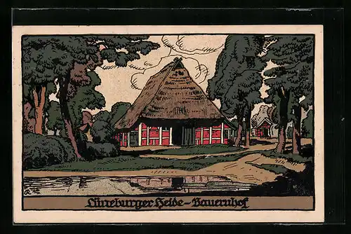 Steindruck-AK Bauernhof in der Lüneburger Heide