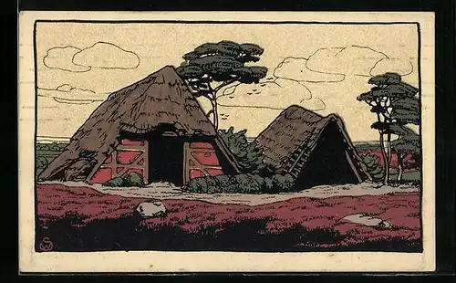 Steindruck-AK Alter verfallener Schafstall in der Lüneburger Heide