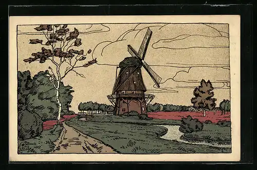 Steindruck-AK Windmühle am Mühlenbach in der Lüneburger Heide
