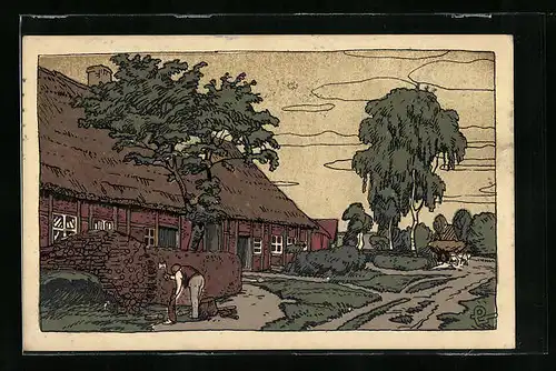 Steindruck-AK Dorfkathe in der Lüneburger Heide