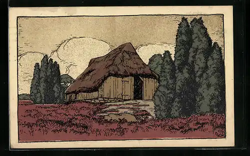 Steindruck-AK Alter Schafstall in der Lüneburger Heide