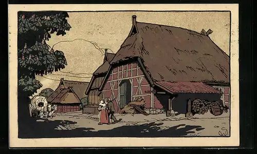 Steindruck-AK Dorfstrasse in der Lüneburger Heide