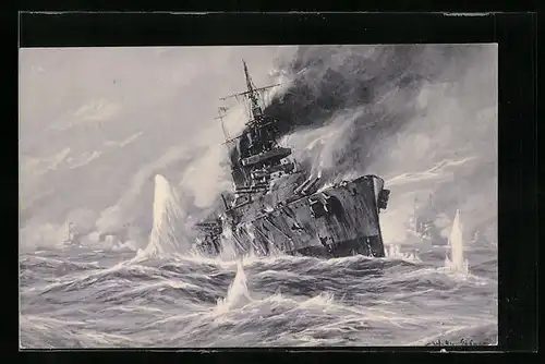 Künstler-AK Willy Stoewer: Vernichtung eines englischen Schlachtkreuzers