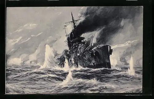 Künstler-AK Willy Stoewer: Vernichtung eines englischen Schlachtkreuzers