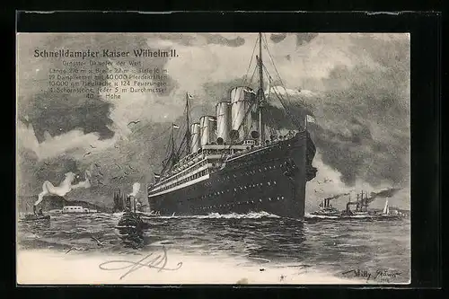 Künstler-AK Willy Stoewer: Schnelldampfer Kaiser Wilhelm II. sticht in See