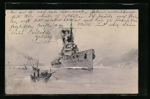 Künstler-AK Willy Stoewer: S.M. Panzerkreuzer Göben und Breslau verlassen gefechtsklar Messina