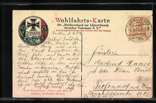 Künstler-AK Willy Stoewer: S.M. Panzerkreuzer Göben und Breslau verlassen gefechtsklar Messina