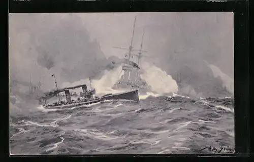 Künstler-AK Willy Stoewer: Torpedoboots-Angriff in der Nordsee