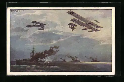 Künstler-AK Hans Rudolf Schulze: Wasserflugzeuge über der englischen Flotte