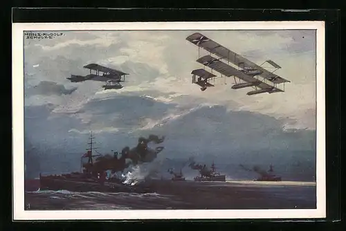 Künstler-AK Hans Rudolf Schulze: Wasserflugzeuge über der englischen Flotte