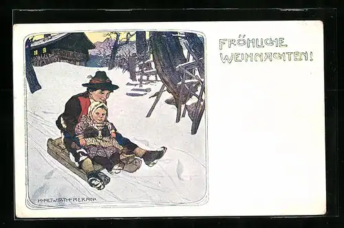 Künstler-AK sign. H. Altwirth: Mann mit Trachtenhut rodelt mit seiner Tochter