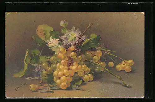 Künstler-AK Clara von Sivers: Stillleben, Strauss mit Blumen und Trauben