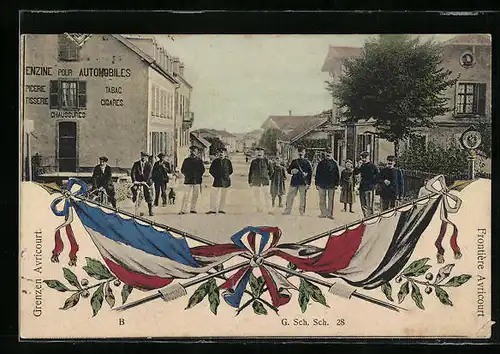 AK Avricourt, Grenze mit Grenzern und Flaggen