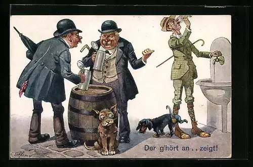 Künstler-AK Ernst Schlemo: Zwei Herren mit Bierhumpen und Dackel ärgern sich über Herren der Wasser trinkt