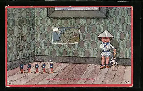 Künstler-AK H.S.B. 1021: Kleiner Junge spielt mit Spielzeugsoldaten Abzug nach Frankreich