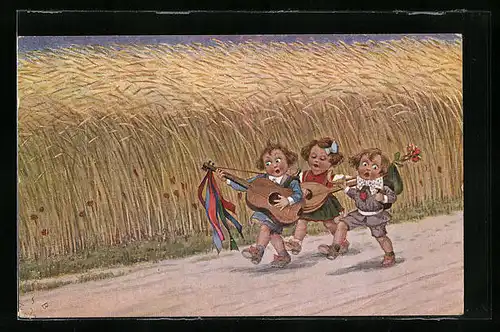 Künstler-AK H.S.B.: Wandervögel, Drei Kinder auf Tour