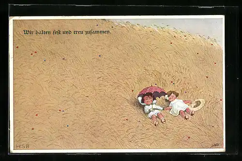 Künstler-AK H.S.B. 1009: Junge und Mädchen halten fest zusammen