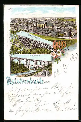 Lithographie Netzschkau, Totalansicht, Göltzschthalbrücke und Elsterthalbrücke