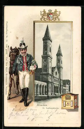 Passepartout-Lithographie München, St. Ludwigskirche mit Briefträger und Wappen