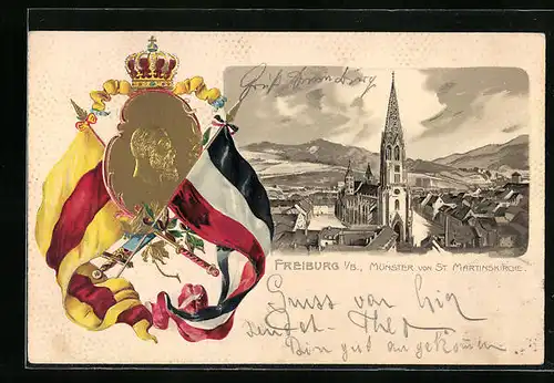 Passepartout-Lithographie Freiburg i. B., Münster von der St. Martinskirche gesehen, Wappen