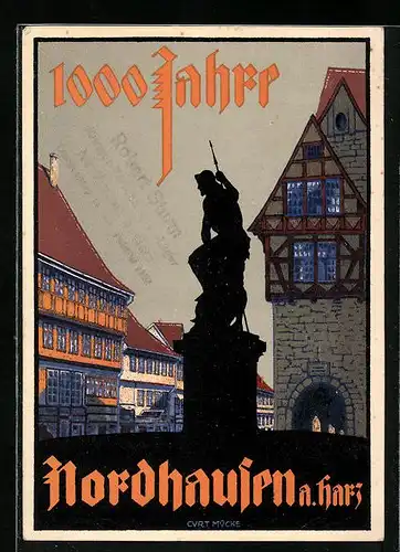 Künstler-AK Nordhausen a. Harz, 1000. jähr. Stadtjubiläum, Ortspartie mit Statue