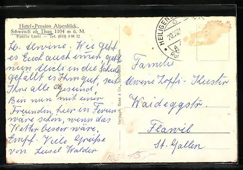 AK Schwendi ob Thun, Ortsansicht mit den Alpen