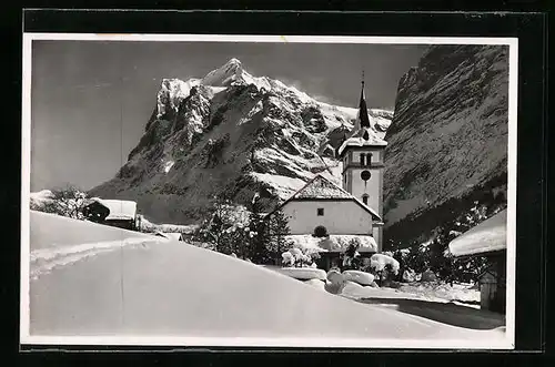 AK Grindelwald, Kirche mit Wetterhorn