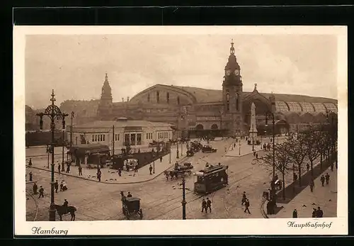 AK Hamburg-St.Georg, Strassenbahnen und Pferdekutschen am Hauptbahnhof