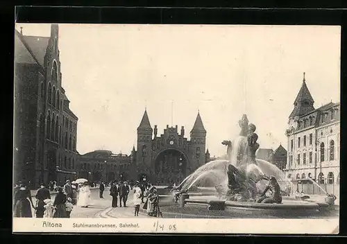 AK Hamburg-Altona, Stuhlmannbrunnen mit Bahnhof