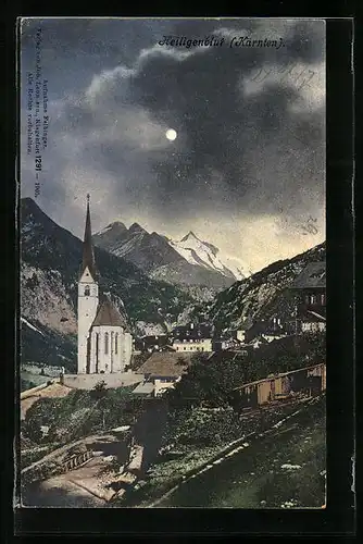 AK Heiligenblut, Teilansicht mit Kirche bei Vollmond