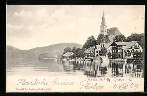 AK Maria Wörth am Wörther See, Teilansicht mit Kirche im Sonnenschein