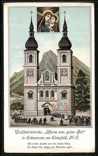 Lithographie Schwarzau am Steinfeld, Wallfahrtskirche Maria vom guten Rat