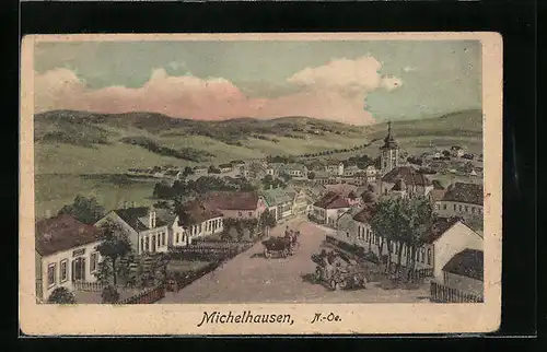 AK Michelhausen, Strassenpartie mit Kirche und Auto