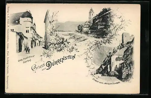 AK Dürrenstein, Gasthof von Carl Fenninger, Strasse nach Weissenkirchen, Uferpartie
