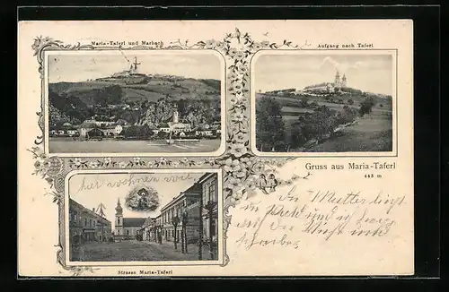 AK Marbach, Teilansicht mit Maria-Taferl, Strasse Maria-Taferl mit Kirche und Gnadenbild, Aufgang nach Taferl