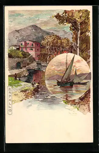 Künstler-AK Manuel Wielandt: Rapallo, Ortspartie und Segelboote