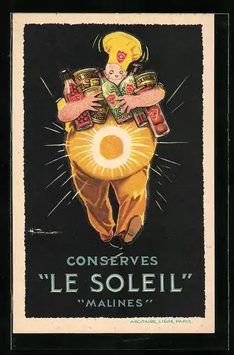 Künstler-AK Konserven Le Soleil, Malines, Koch mit Dosen im Arm, Reklame