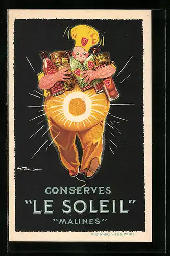Künstler-AK Konserven Le Soleil, Malines, Koch mit Dosen und Fruchtscheibe, Reklame