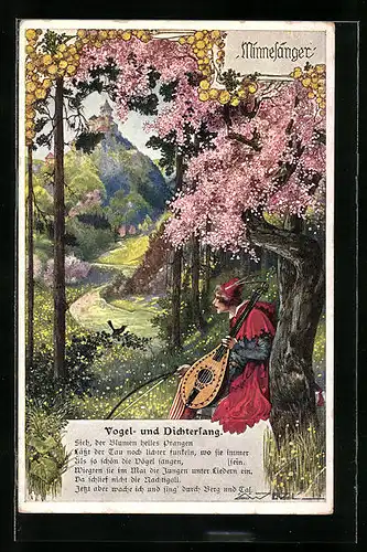 Künstler-AK T. Welzl: Minnesänger in Frühlingslandschaft