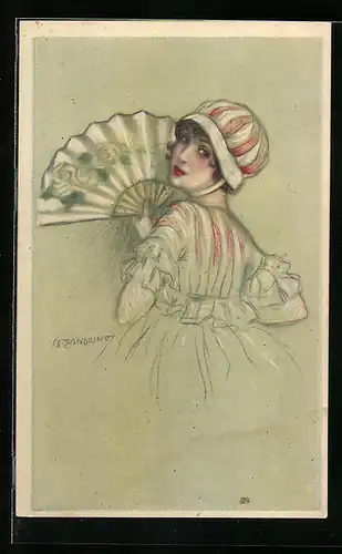 Künstler-AK A. Zandrino: Junge Dame mit rot-weiss gestreiftem Hut und Fächer