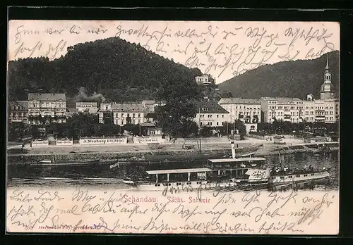 AK Schandau, Ortsansicht mit dem Ausflugsdampfer MS Karlsbad, Elbe